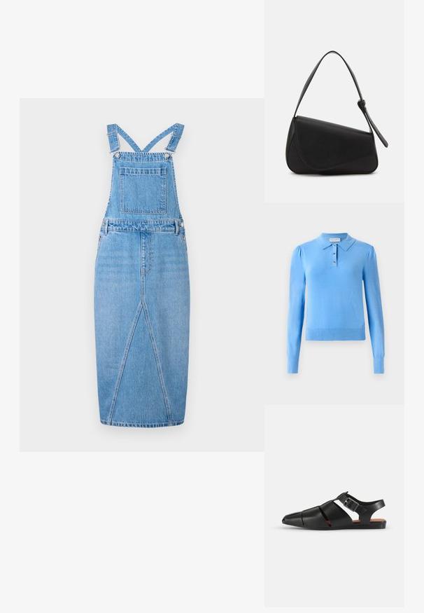 Suéter de manga larga azul claro con cuello de polo, tapeta de cuatro botones y puños acanalados. Textura suave con un ligero brillo.; Vestido de tirantes de mezclilla en azul claro con tirantes ajustables, un bolsillo frontal, una falda recta con una pequeña abertura y una textura suave.; Sandalia de cuero negra con punta afilada y tacón abierto. Presenta correas anchas con hebilla y suela plana. Textura suave, diseño minimalista.; Bolso de mano de cuero negro con forma triangular, tapa en ángulo y un asa superior redondeada. Presenta una textura suave y detalles de diseño minimalistas.