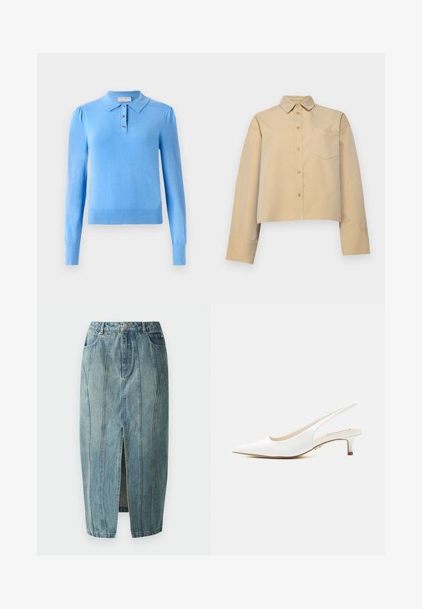 Hellblauer Langarmpullover mit Polokragen, Knopfleiste mit vier Knöpfen und gerippten Bündchen. Weicher Stoff mit dezentem Glanz.; Beige gekürztes Shirt aus Baumwollmischung, mit spitzem Kragen, Knopfleiste und einer kleinen Brusttasche mit Logo-Stickerei.; Copenhagen Muse JEANNE SKIRT - Jeansrock - medium dirty washed denim; Weißer Lederslingback-Schuh mit spitzer Schuhspitze und niedrigem Kittenabsatz auf schlichtem hellem Hintergrund.