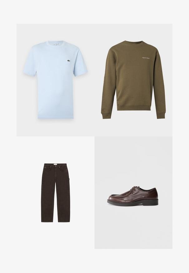 Olivgrüner Sweatshirt mit Rundhalsausschnitt und langen Ärmeln, mit kleinem "Tiger of Sweden" Textlogo auf der linken Brust.; Helles blaues T-Shirt mit kurzen Ärmeln aus weichem Baumwollmaterial. Verfügt über ein kleines grünes gesticktes Krokodil-Logo auf der Brust.; Dunkelbraune Jeans mit geradem Bein, Vordertaschen, Gürtelschlaufen, Knopfverschluss und einem seitlichen Schlaufen-Detail vor weißem Hintergrund.; Braune Lederdressschuhe mit einer abgerundeten Spitze, minimalen Nähakzenten und einer robusten schwarzen Sohle. Verfügt über eine Schnürung und eine glatte Textur.
