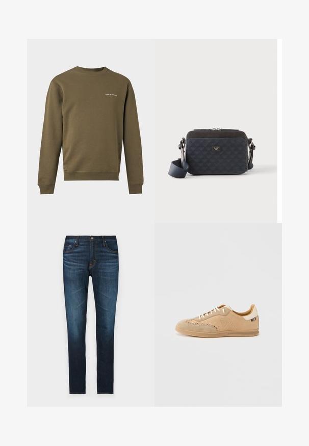 Langærmet olivengrøn crewneck sweatshirt med lille "Tiger of Sweden" tekstlogo på venstre bryst.; Mørkeblå denim jeans med lige pasform, der har fem lommer, orange syninger og en glat overflade.; Beige ruskindssneaker med perforerede detaljer, cremefarvede snørebånd og en tekstureret tan-sål, med en farvekontrast accent på hælen.; Rektangulær mørkeblå crossbody-taske med justerbar rem, lynlåslukning og diskret logomønster på frontpanelet.