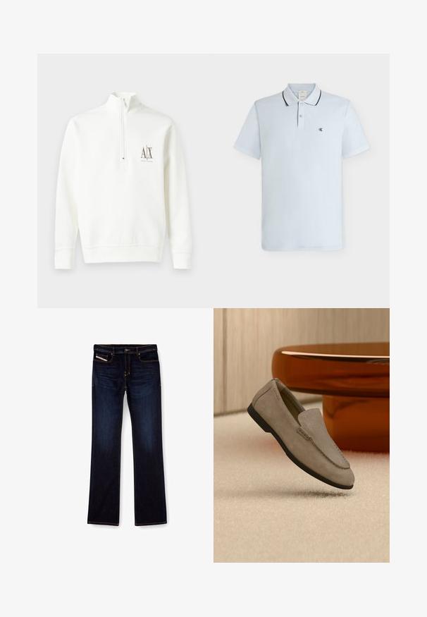 Weißer Sweatshirt mit Reißverschluss am Kragen, aus weichem Stoff. Mit kleinem Logo auf der linken Brust in Braun sowie geripptem Saum und Bündchen.; Hellblaues kurzärmeliges Poloshirt mit zwei Knöpfen, schwarzem Besatz am Kragen und kleinem „cK“-Logo auf der linken Brustseite.; Dunkelblaue Jeans aus Denim mit geradem Bein, ausgestattet mit orangefarbenen Nähten, einem Reißverschluss und Vordertaschen. Glatte Textur und Standardbund.; Hellbrauner Wildleder-Slipper mit schwarzer Sohle, liegend auf beigem Teppich vor einem reflektierenden braunen runden Tisch an einer Holzwand.