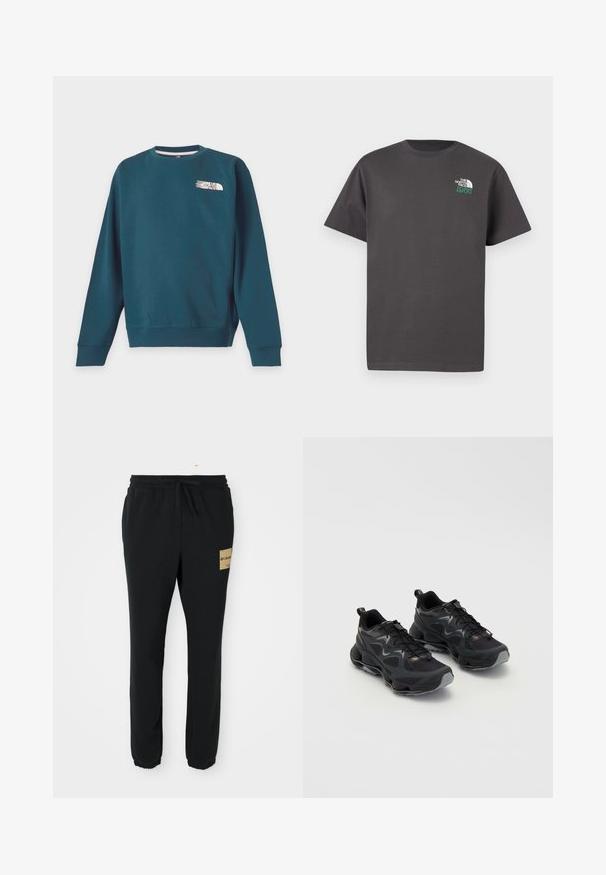 Tmavozelená mikina s dlhým rukávom, okrúhlym výstrihom a malým bielym logom The North Face na ľavej strane hrudníka.; Tmavosivé tričko s krátkym rukávom a okrúhlym výstrihom, na ľavej hornej strane hrude malý biely a zelený nápis "The North Face 1966".; Čierne tapered teplákové nohavice s elastickým pásom, sťahovacou šnúrkou, zúženými členkami a béžovým logo nášivkou Columbia na pravej stehne.; Čierne atletické topánky s textúrovaným sieťovinovým zvrškom, s robustnou podrážkou, šnurovaním a jemnými sivými akcentmi.