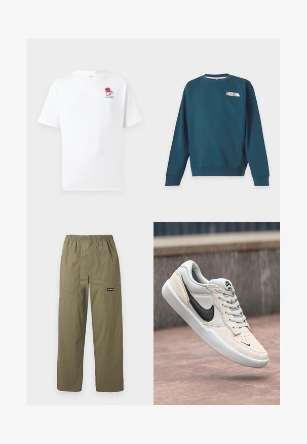Temno turkizna dolga majica z okroglim izrezom in majhnim belim logotipom The North Face na levi strani prsnega koša.; Bela bombažna majica s kratkimi rokavi, okroglim izrezom in barvnim motivom vrtnice ter napisom na levi strani prsnega koša.; Olive zelene hlače s ravnimi hlačnicami, elastičnim pasom, sprednjimi žepnimi našitki, zapiranjem na gumbe in logotipom Columbia na desnem žepu.; Nike SB športni copat v svetlo sivi in smetanasti barvi, z zgornjim delom iz semiša, črnimi črtami, teksturiranimi podrobnostmi in belim gumijastim podplatom.