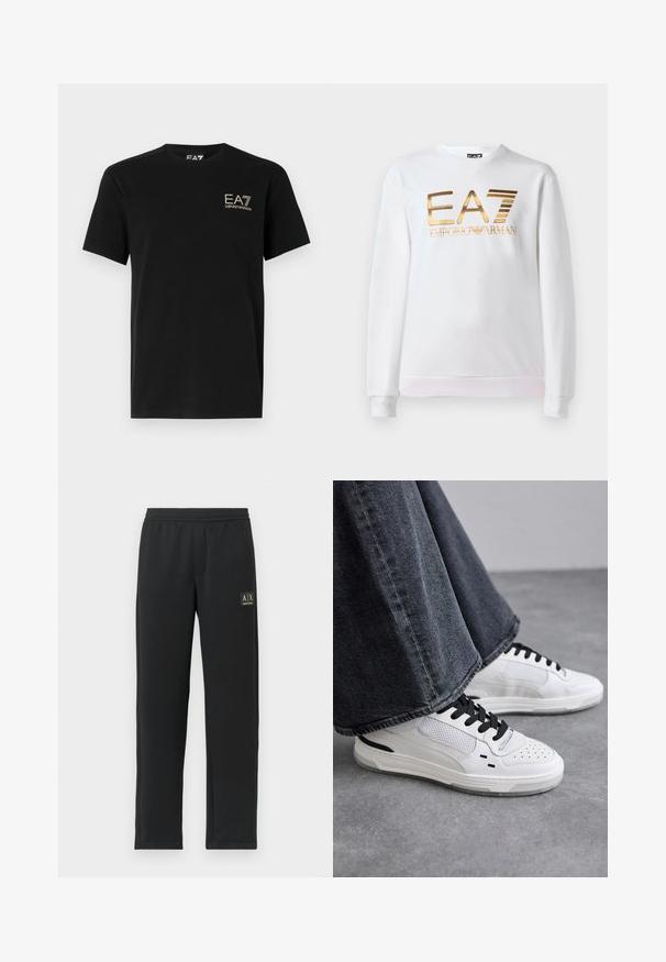 Witte sweatshirt van katoen met lange mouwen en een ronde halslijn. Heeft een metallic gouden logo "EA7 EMPORIO ARMANI" op de voorkant.; Zwarte katoenen t-shirt met korte mouwen. Beschikt over een gouden EA7 Emporio Armani-logo op de borst. Klassiek ontwerp met ronde hals. Gladde textuur.; Zwarte sweatpants met rechte pijpen, voorzien van een elastische tailleband en een zwart patchlogo op de bovenste linker dij.; Witte sneakers met zwarte veters en mesh-details. Beschikt over een gladde leren bovenkant en een gestructureerde rubberen zool. Gepaard met brede grijze jeans.
