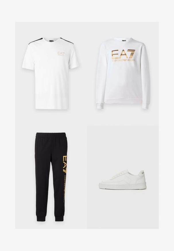 Biela mikina vyrobená z bavlny s dlhými rukávmi a okrúhlym výstrihom. Na prednej strane sa nachádza kovovo zlaté logo "EA7 EMPORIO ARMANI".; Biely tričko s krátkym rukávom s čiernymi akcentmi na pleciach a logom EA7 v svetlej béžovej farbe na ľavej hrudi. Bavlnený materiál.; Čierne teplákové nohavice vyrobené z mäkkej látky, s elastickým pásom a sťahovacími členkami. Žlté logo tlačené vertikálne na ľavej nohe.; Biele kožené tenisky s hladkým povrchom, okrúly špičkový dizajn, ploché šnúrky a textúrovaná podrážka. Obsahujú jemné logo na päte.
