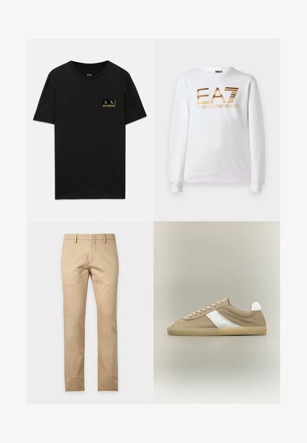 Hvid sweatshirt lavet af bomuld med lange ærmer og rund halsudskæring. Har et metallisk guld logo "EA7 EMPORIO ARMANI" på forsiden.; Sort bomulds T-shirt med rund halsudskæring. Har et lille guld logo-patch på venstre bryst med teksten "AX Armani Exchange". Klassisk pasform.; Beige slim-fit bukser med bæltestropper og forlommer, vist mod en ensfarvet hvid baggrund.; Lys brun ruskindssneaker med beige sål, hvid hælkappe, hvid sideliste og snørelukning på neutral baggrund.
