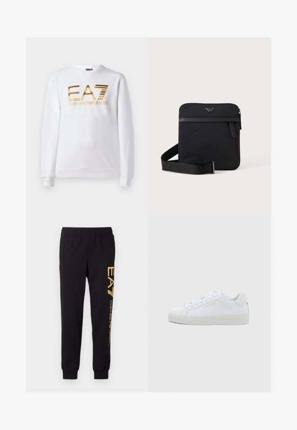 Witte sweatshirt van katoen met lange mouwen en een ronde halslijn. Heeft een metallic gouden logo "EA7 EMPORIO ARMANI" op de voorkant.; Zwarte trainingsbroek van zacht materiaal, met een elastische tailleband en cuffed enkels. Gele branding die verticaal op het linkerpijp is gedrukt.; Witte leren lage sneakers met een ronde neus, platte veters, een gestructureerde zool en subtiele gouden branding aan de zijkant. Gladde oppervlakte en minimalistisch ontwerp.; Zwarte vierkante schoudertas met ritssluiting, voorvak en verstelbare band met geperste merknaam.
