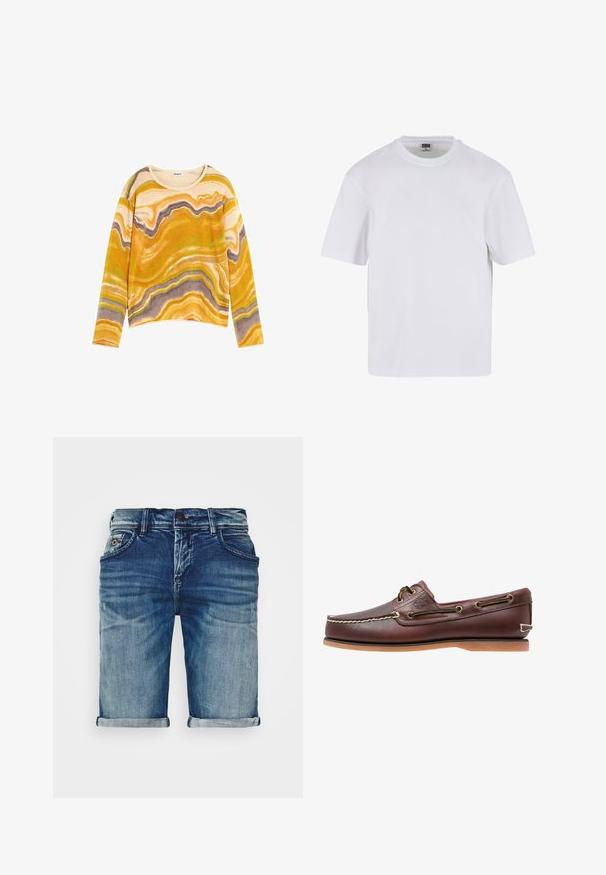 Top de manga larga con cuello redondo y patrón abstracto ondulado en tonos de amarillo mostaza, beige, marrón y verde sobre fondo blanco.; Camiseta blanca de manga corta hecha de algodón. Presenta un cuello redondo y un ajuste holgado. Textura suave, diseño minimalista, sin patrones ni adornos.; Shorts de mezclilla en azul medio con un acabado ligeramente desgastado. Presentan dobladillos doblados, diseño de cinco bolsillos y cierre de botón de metal.; Zapato náutico de cuero marrón con costuras blancas, detalles de cordones y suela de goma color coñac, mostrado de lado sobre un fondo blanco.