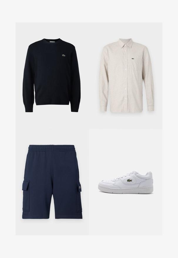 Marine crewnecktrui gemaakt van zacht materiaal, met ribgebreide manchetten en zoom. Klein groen Lacoste-logo op de borst.; Beige overhemd met lange mouwen met rood-blauw ruitpatroon, knopen aan de voorkant, kraag en groen krokodillenlogo op de linkerborst.; Marineblauwe cargoshorts gemaakt van zachte stof, met een elastische tailleband, twee zijzakken en een klein logoaccent op de linkerzak.; Witte leren sneakers met een geperforeerde neus en een groen krokodillenlogo aan de buitenkant. Bevat een platte zool en een vetersluiting.