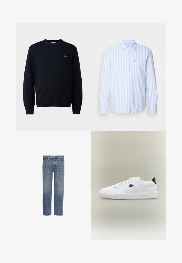 Sudadera de cuello redondo en color marino, hecha de material suave, con puños y dobladillo acanalados. Pequeño logo verde de Lacoste en el pecho.; Camisa de manga larga a rayas en azul claro y blanco con un cuello abotonado y un bolsillo en el pecho que presenta un pequeño logo bordado. Tejido de algodón.; Vaqueros de denim azul con pierna recta, bolsillos delanteros, trabillas para cinturón y cierre de botón.; Zapatilla baja blanca de Lacoste con el logo de cocodrilo negro en el lateral, cordones blancos y una pestaña de talón negra, exhibida sobre un fondo neutro.