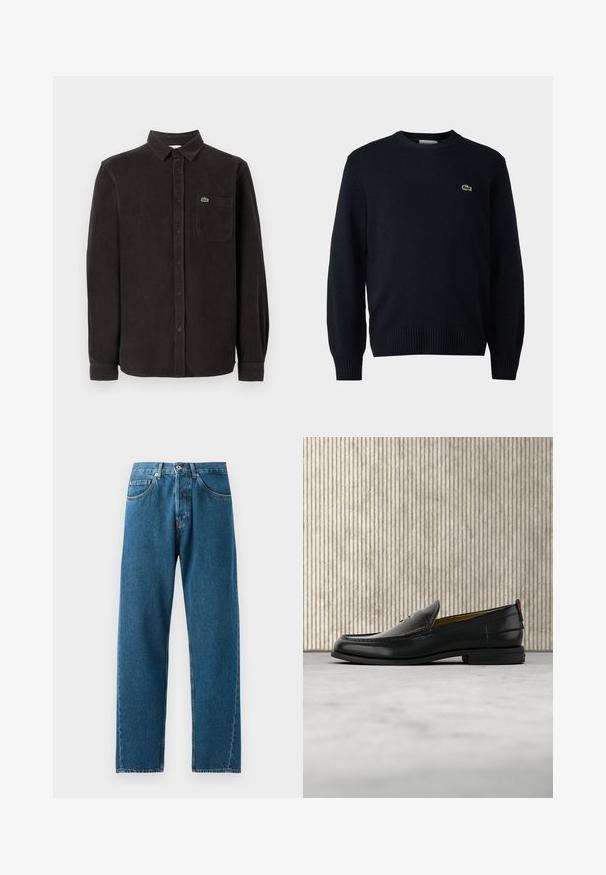 Marine crew-neck sweater lavet af blødt materiale, med ribbede manchetter og kant. Lille grønt Lacoste-logo på brystet.; Sort kordfløjlsskjorte med lange ærmer, en knap-nydder krave, brystlomme og lille grøn logo på øverste venstre side.; Blå denim jeans med lige ben, fem lommer og bæltestropper. Stoffet har en subtil tekstur og falmede områder ved lommerne.; Sort læder herreloafer med krokodillepræget forstykke og lav hæl, vist i profil på en neutral baggrund.