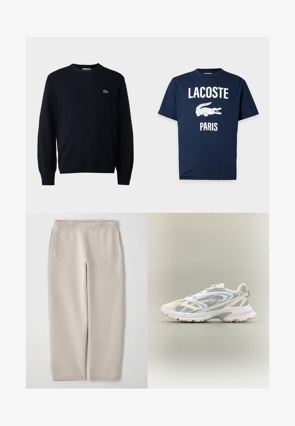 Pull à col rond marine en matériau doux, avec des bords côtelés aux poignets et à l'ourlet. Petit logo vert Lacoste sur la poitrine.; T-shirt bleu marine à manches courtes avec texte blanc "LACOSTE" au-dessus d'un logo crocodile blanc et "PARIS" sous le logo.; Pantalons de jogging beiges en tissu doux, avec une large taille élastique, des poches latérales et des jambes fuselées pour un ajustement décontracté.; Chaussure de sport blanche avec des panneaux en mesh gris, des superpositions texturées, un col rembourré et une semelle en caoutchouc dotée de petites pointes de traction.
