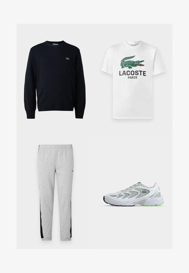 Námornícky sveter s okrúhlym výstrihom vyrobený z mäkkého materiálu, s rebrovanými manžetami a spodným lemom. Malé zelené logo Lacoste na hrudi.; Lacoste Tričko s potlačou - white; Šedé teplákové nohavice s čiernymi bočnými panelmi, elastickým pásom a rebrovanými manžetami. Vyrobené z mäkkej zmesi bavlny. Obsahuje logo značky na prednej strane.; Biely a sivý atletický teniska s zelenými akcentmi a logom, sieťovinovými panelmi a hrubou tlmenou podrážkou, zobrazený z boku na jednoduchom pozadí.