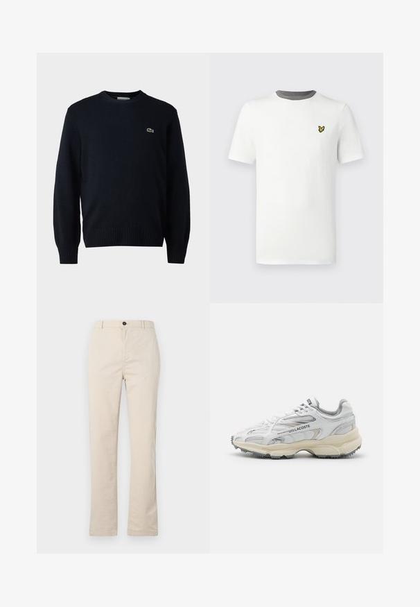 Pull à col rond marine en matériau doux, avec des bords côtelés aux poignets et à l'ourlet. Petit logo vert Lacoste sur la poitrine.; T-shirt en coton blanc avec col rond, manches courtes, et col gris ; présente un petit logo jaune brodé sur la poitrine.; Pantalons en coton beige clair avec une coupe droite, dotés d'une fermeture à bouton à l'avant, d'une braguette zippée et de détails de couture minimalistes.; Baskets de sport blanches avec des accents gris, tige en maille et synthétique, design à lacets et semelle en caoutchouc texturée avec motifs de traction.