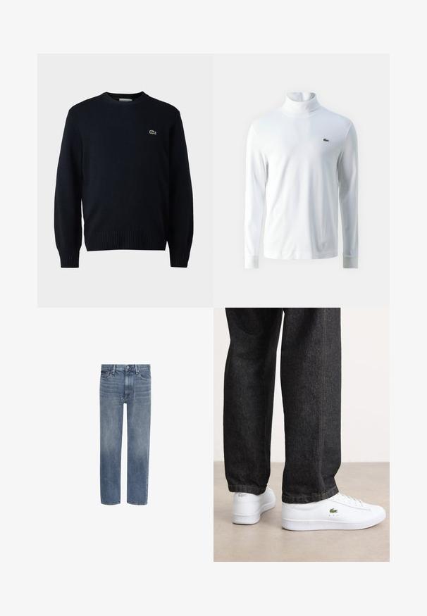 Marine crewnecktrui gemaakt van zacht materiaal, met ribgebreide manchetten en zoom. Klein groen Lacoste-logo op de borst.; Witte lange mouw turtleneck shirt van zachte stof, met een klein groen geborduurd logo op de borst en aansluitende manchetten.; Blauwe spijkerbroek met rechte pijpen, voorzakken, riemlussen en een knoopsluiting.; Witte leren sneakers met een laag profiel en een groen logo, gecombineerd met donkere spijkerbroek met gele stiksels.