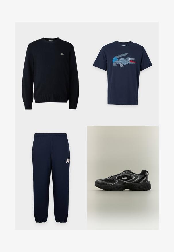 Marineblauer Rundhalsausschnitt-Pullover aus weichem Material mit gerippten Bündchen und Saum. Kleines grünes Lacoste-Logo auf der Brust.; Lacoste T-Shirt print - dark blue; Navyblaue Sweatpants aus weichem Baumwollmaterial mit elastischen Bündchen und Bund. Mit einem weißen Lacoste Paris Logo auf dem linken Bein.; Schwarzer und grauer Sportschuh mit Netzpaneelen, Schnürdesign, dicker Sohle und einem kleinen Krokodil-Logo an der Seite.