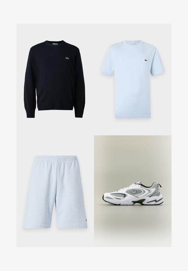 Sudadera de cuello redondo en color marino, hecha de material suave, con puños y dobladillo acanalados. Pequeño logo verde de Lacoste en el pecho.; Camiseta de manga corta azul claro hecha de un suave material de algodón. Presenta un pequeño logo bordado de cocodrilo verde en el pecho.; Pantalones cortos de algodón azul claro con cinturilla elástica. Presenta un diseño simple y sólido con dobladillo abierto. Acento del logo en el dobladillo inferior.; Zapatilla deportiva de running en blanco y gris, con paneles de malla, acentos verdes, detalles en negro y un logo en el costado, vista desde el lado exterior.