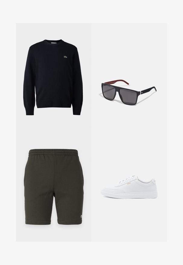 Marine crewnecktrui gemaakt van zacht materiaal, met ribgebreide manchetten en zoom. Klein groen Lacoste-logo op de borst.; Donkergroene, elastische shorts met een zachte stof. Heeft een rechte snit, omgezoomde pijpen en een klein logo aan de rechter onderkant.; Witte leren sneakers met een gladde textuur, ronde neus en tonale stiksels. Voorzien van blauwe veters en een gouden logo op de zijkant.; Tommy Hilfiger Zonnebril - matte blue