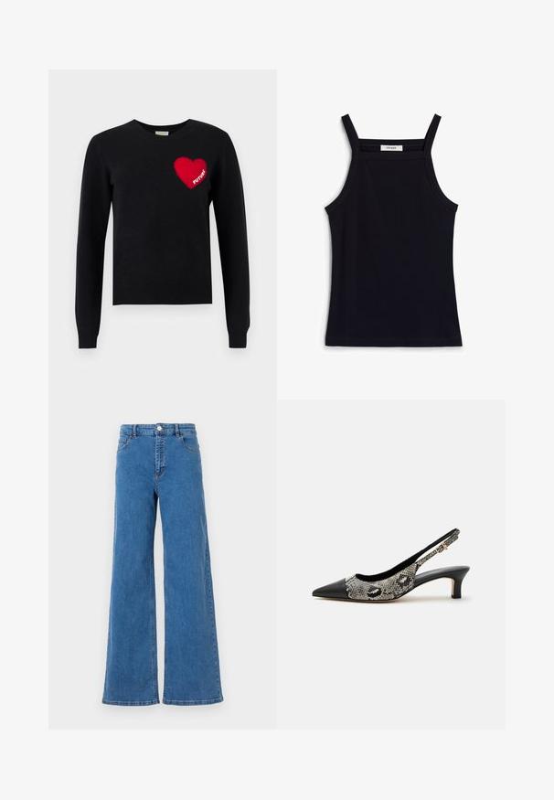 Sort langærmet sweater med et rødt hjerte på venstre bryst, med ordet "FUTURE" indeni hjertet.; Sort ribbet top med smalle stropper, med en rund halsudskæring og lige kant. Etiketten læser "IVY OAK."; Bredde ben blå denim jeans med høj talje, frontlommer og knaplukning. Stoffet har en glat tekstur og et klassisk syningsmønster.; Sort spids slingback-sko med lav kittenhæl og overdel i slangeprint med en lille guldbeklædt spændelukning på remmen.