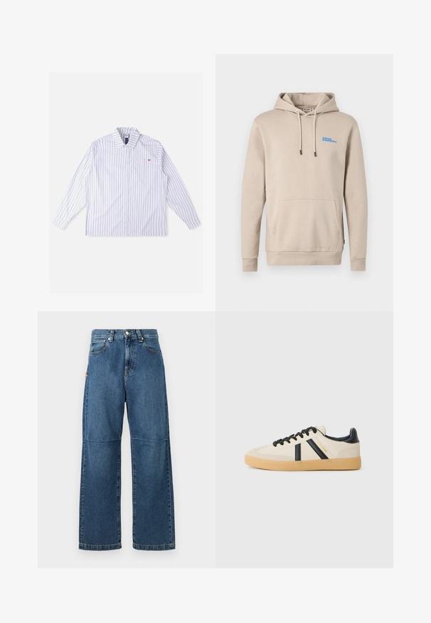 Sudadera con capucha beige hecha de tela suave, con un bolsillo frontal, capucha con cordón y un logo azul en el pecho.; Camisa blanca de manga larga con rayas verticales azules, cierre de botones en la parte delantera, cuello, bolsillo en el pecho izquierdo y detalle de logo rojo. Tela suave y tejida.; Vaqueros de mezclilla azul con un ajuste relajado, piernas rectas, costura visible y un cierre de botón en la parte delantera. Presenta un bolsillo lateral con un acento.; Zapatillas casuales en crema con rayas negras, con parte superior texturizada y suela de goma. Los cordones son negros. Logo sutil en el costado.