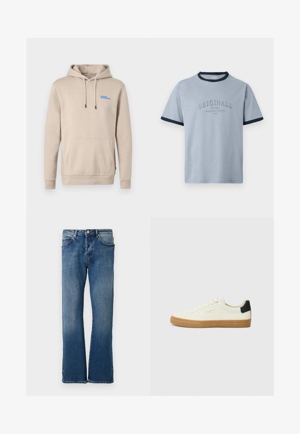 Sweatshirt beige à capuche en tissu doux, avec une poche avant, une capuche à cordon de serrage et un logo bleu sur la poitrine.; T-shirt en coton bleu clair avec col et manches côtelés bleu marine. Présente un texte en relief "ORIGINALS" et "CONTEMPORARY AESTHETICS" dans un design subtil.; Jean en denim bleu clair avec une coupe droite, comportant cinq poches, une fermeture à boutons, et un léger effet délavé sur le tissu.; Sneaker en toile blanche avec une semelle en gomme, accent au talon noir, bout rond et design à lacets. Présente le logo de la marque en doré sur le côté.