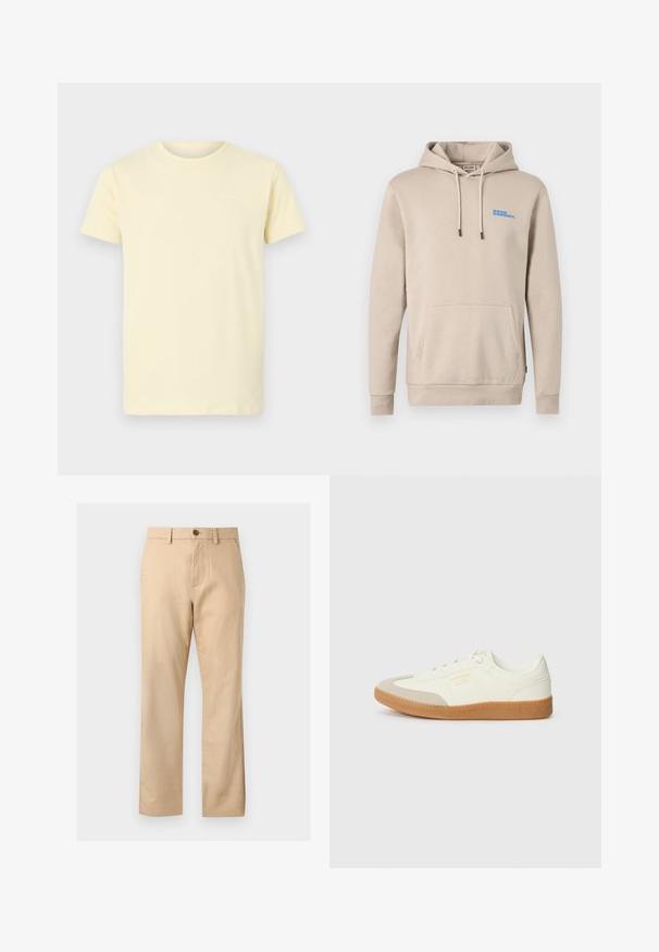 Sweatshirt beige à capuche en tissu doux, avec une poche avant, une capuche à cordon de serrage et un logo bleu sur la poitrine.; T-shirt en coton jaune clair à manches courtes et col rond ; présente un petit logo blanc sur le haut à gauche de la poitrine.; Pantalon beige à jambes droites avec passants pour ceinture, bouton devant, fermeture éclair et poches latérales.; Baskets en cuir blanc avec une coque beige et une semelle en caoutchouc marron clair. Dotées de lacets blancs plats et d'un logo embossé sur le côté.