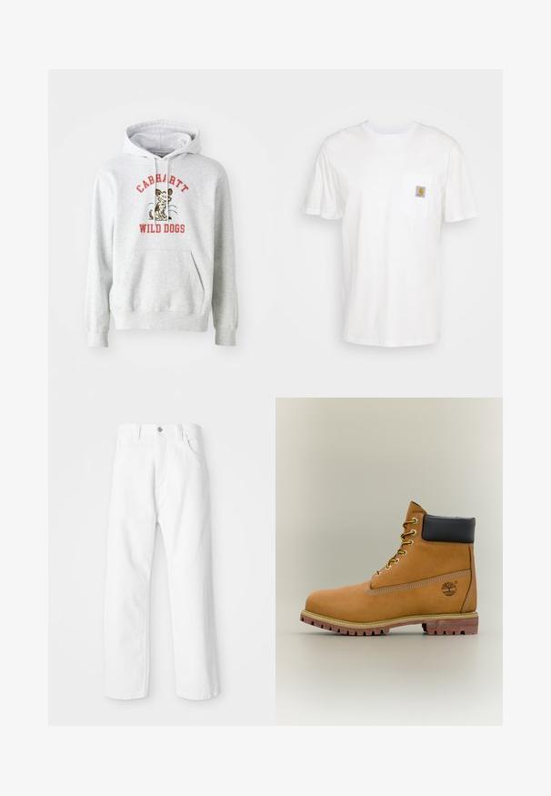 Grauer Kapuzenpullover mit Kängurutasche, versehen mit einem bedruckten Motiv eines Hundes und der Aufschrift "CABHARTT WILD DOGS" in rotem Text.; Weißes Baumwoll-T-Shirt mit kurzen Ärmeln, einer Brusttasche und einem kleinen quadratischen Logopatch in Orange und Weiß auf der Tasche.; Weiße Denim-Hosen mit geradem Bein, ausgestattet mit einem Frontknopf und einem Reißverschluss, fünf Taschen und einem sauberen, strukturierten Finish.; Brauner Leder-Stiefelette mit schwarzem Kragen, gelben Schnürsenkeln und hellbrauner Sohle. Verfügt über ein Logo und weiße Ziernähe. Robuste Profilsohle.