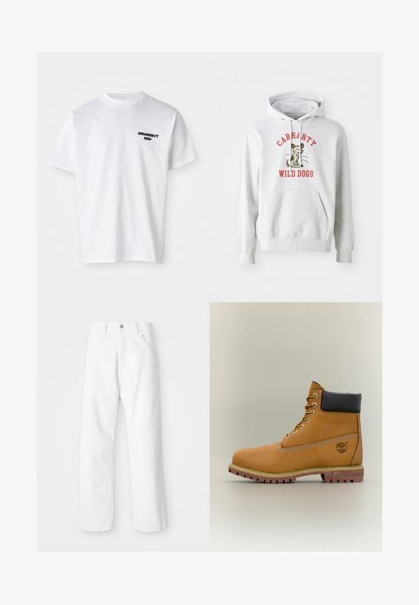 Sweatshirt à capuche gris avec une poche kangourou, arborant un graphisme imprimé d'un chien et "CABHARTT WILD DOGS" en texte rouge.; T-shirt en coton blanc avec un col rond. Logo en texte noir sur la partie gauche de la poitrine. Manches courtes, coupe décontractée et texture douce.; Pantalon en denim blanc avec une coupe droite, présentant une fermeture à bouton et glissière à l'avant, cinq poches et une finition lisse et texturée.; Bottine en cuir marron avec col noir, lacets jaunes et semelle beige. Présente un logo et des détails de couture blanche. Semelle extérieure à traction robuste.