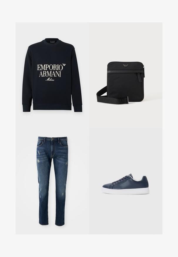Donkerblauwe sweatshirt met lange mouwen, ronde hals en een gladde stoftextuur. Voorzien van een witte "EMPORIO ARMANI" en "Milano" logo op de voorkant.; Donkerblauwe denim jeans met slim fit, lichte slijtage op de dijen en knieën, klassiek vijf-pocket ontwerp en knoopsluiting.; Marineblauwe leren sneaker met witte rubberen zool, ronde neus en bijpassende veters. Beschikt over een subtiele logo-detail aan de buitenkant.; Zwarte vierkante schoudertas met ritssluiting, voorvak en verstelbare band met geperste merknaam.