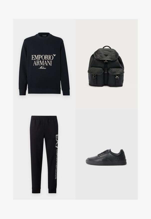 Marineblå sweatshirt med lange ærmer, rund hals og glat stoftekstur. Har hvidt "EMPORIO ARMANI" og "Milano" logo på forsiden.; Sorte sweatpants lavet af en bomuldsblanding, med elastisk talje, smalle ben, ribbede manchetter og hvidt logo print langs siden.; Sorte lædersneakers med en glat finish, rund tå, struktureret sidelæder og sorte snørebånd. Har en flad gummisål og et minimalistisk design.; Sort stofrygsæk med topklap, to forlommer med spænder og et logoemblem på klappen mod en ensartet lys baggrund.
