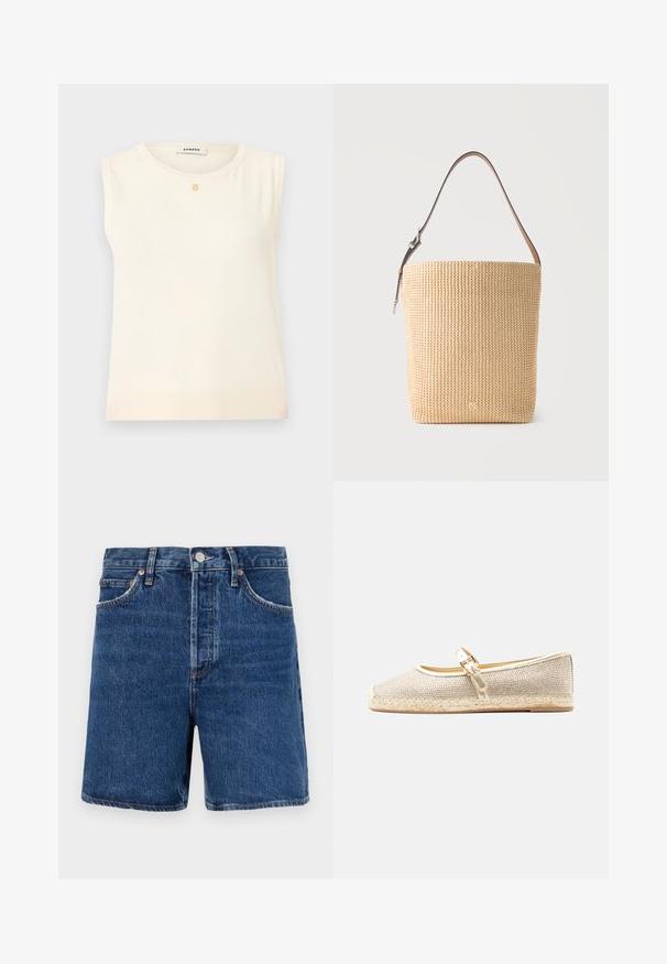 Haut en maille crème sans manches avec encolure ronde et petite décoration carrée dorée sous le col, ourlet côtelé, et étiquette Sandro à l'intérieur.; Chino shorts en denim bleu foncé avec une coupe classique, comportant cinq poches, une fermeture à bouton et des détails de couture orange contrastants.; Chaussure plate dorée étincelante avec semelle tissée et une bride à boucle brillante sur le dessus, sur un fond gris clair uni.; Sac fourre-tout beige tissé avec une seule bandoulière en cuir marron ajustable et un petit logo embossé près de la base.