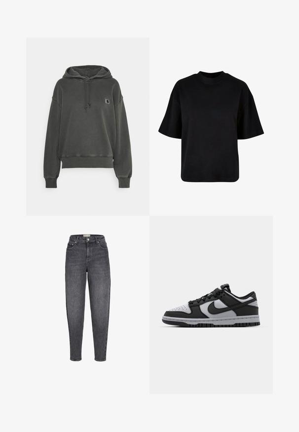 Carhartt WIP HOODED NELSON - Kapuutsiga pusa - black; Mustmust värvi puuvillane t-särk, millel on kõrge kaelus, lühikesed varrukad ja lahtine, kastiline lõige, ilma nähtavate mustrite või aktsendita.; Kõrge vöökohaga mustad pleegitatud kitsenevad teksapüksid esitaskutega, vööaasade ja nööpkinnitusega.; Mustad ja hallid Nike Dunk madalad tossud, millel on perforeeritud varvas, siledad nahkaktsendid ja kummist tald, millel on tekstuurne mustrimuster.