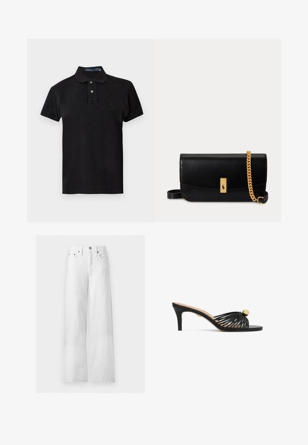 Polo noir à manches courtes avec deux boutons et un grand logo brodé de joueur de polo noir sur la poitrine gauche.; Jean blanc taille haute à jambes larges avec bouton devant, fermeture éclair, passants de ceinture et design cinq poches sur fond uni.; Sandale noire à talon avec un design à brides et un accent rond en or. Le talon est fin et mesure environ 7,5 centimètres de hauteur.; Pochette en cuir noir avec bandoulière chaîne dorée et fermoir rectangulaire doré avec un petit logo cheval et cavalier au centre devant.