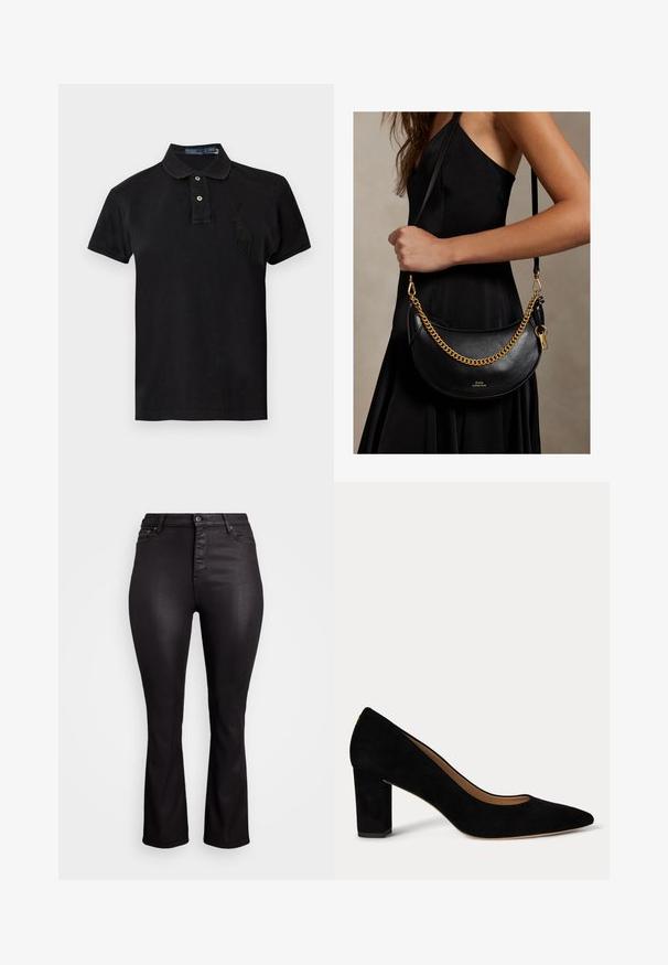 Sort kortærmet polo skjorte med to knapper og et stort sort broderet polo spiller logo på venstre bryst.; Sorte denim flare jeans med høj talje, der har en frontlukning med knap, fem lommer og en glat, let strækbar tekstur.; Damskoledressko i sort ruskind med lav blokhæl, spids tå og beige indvendig for på hvid baggrund.; Kvinde i en sort kjole, der holder en sort læderhåndtaske i halvmåneform med en guldkæde og rem over skulderen.