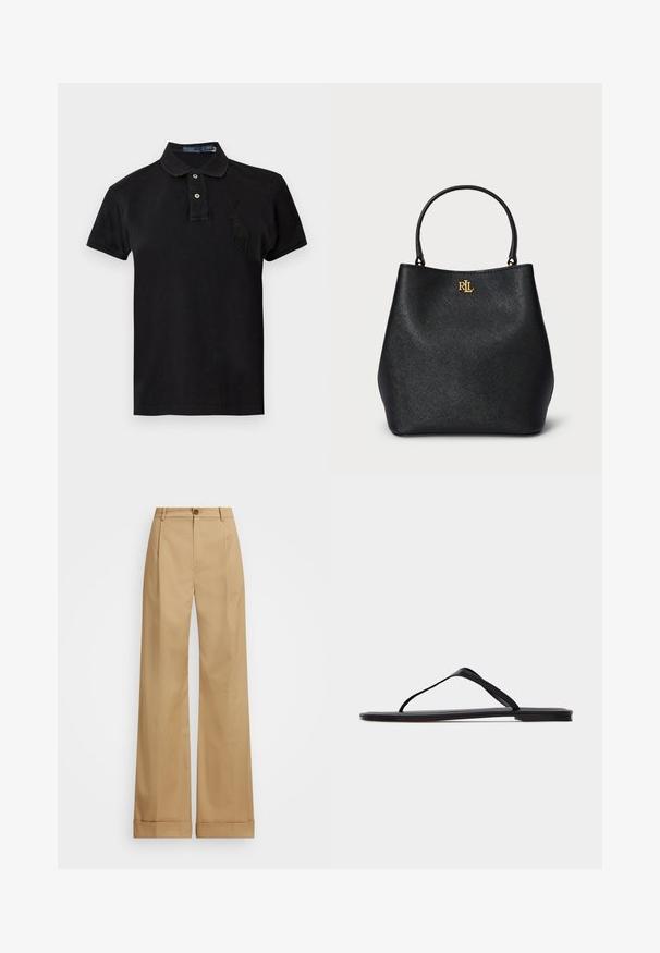 Polo negro de manga corta con dos botones y un gran logo bordado de un jugador de polo en negro en el pecho izquierdo.; Pantalones de pierna ancha beige con cierre de botón, que presentan una textura suave y pliegues planchados. Dobladillos con puños para un detalle adicional.; Sandalia plana negra tipo flip-flop con tiras finas y diseño minimalista mostrada de lado sobre un fondo claro y liso.; Bolso tote de imitación cuero negro con un acabado texturizado, forma curvada y un logo dorado en la parte frontal. Cuenta con dos asas resistentes.