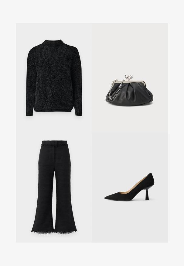 Pull en maille chenille noire avec manches longues et col montant côtelé, présenté sur fond blanc.; Pantalons larges noirs en tissu texturé, avec ourlet effiloché et taille élastique. Le design présente une finition lisse et une coupe décontractée.; Pompe à talons hauts en suède noir avec un bout pointu, dotée d'un talon bloc noir brillant et d'une doublure intérieure lisse.; Porte-monnaie en cuir noir avec texture froncée, cadre en métal argenté, fermeture à verrouillage kiss-lock et bandoulière en chaîne. Surface lisse et douce.