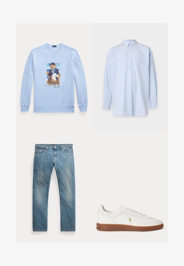 Sudadera de manga larga en azul claro con un gráfico de un oso con ropa náutica sentado en una silla, etiquetado como Polo Bear de Ralph Lauren.; Camisa de manga larga azul claro con un pequeño patrón de cuadros y cuello puntiagudo sobre un fondo liso.; Vaqueros de mezclilla azul claro de corte recto con bolsillos delanteros, trabillas para cinturón, cierre de botón y detalles ligeramente descoloridos.; Zapatilla blanca de caña baja con suela marrón, cordones en la parte delantera y pequeño logo dorado de Polo Ralph Lauren en el lateral.