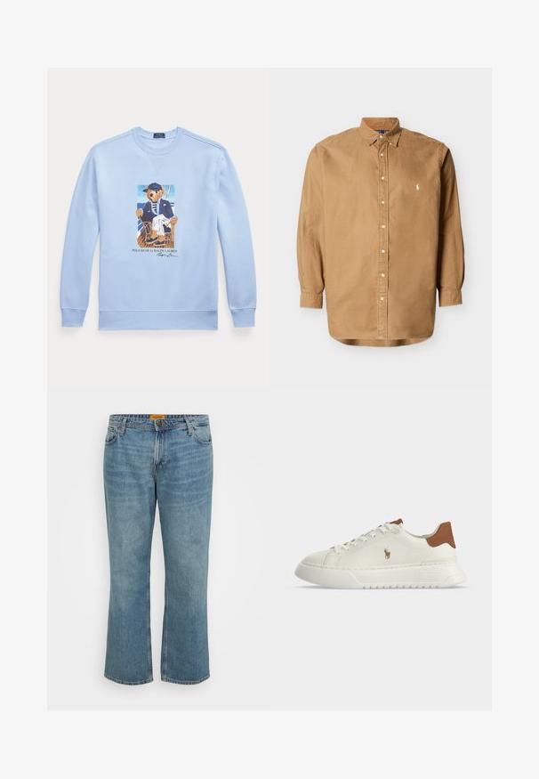 Sudadera de manga larga en azul claro con un gráfico de un oso con ropa náutica sentado en una silla, etiquetado como Polo Bear de Ralph Lauren.; Camisa marrón claro de manga larga con botones, cuello abotonado y pequeño logo bordado en el pecho izquierdo.; Jeans de mezclilla en azul claro con corte recto, cinco bolsillos, costura visible y bragueta con cremallera. La etiqueta es amarilla en la parte interior de la cinturilla.; Zapatilla blanca de corte bajo con lengüeta marrón en el talón, cierre de cordones en la parte delantera, suela gruesa y pequeño logo bordado de un caballo en el lateral.