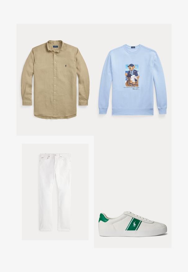 Lyseblå langærmet sweatshirt med grafik af en bjørn i sømandsudstyr, der sidder på en stol, mærket Polo Bear af Ralph Lauren.; Beige langærmet skjorte med knapper, krave, forreste knapper og lille mørkeblå broderet logo på venstre bryst.; Hvide denimjeans med lige ben, der har fem lommer, kobberhardware og diskrete syningsdetaljer. Glat tekstur med en ren finish.; Hvid low-top sneaker med grøn stribe og Polo-logo på siden, grøn hæl-flik og hvide snørebånd, vist fra venstre side på ensfarvet baggrund.