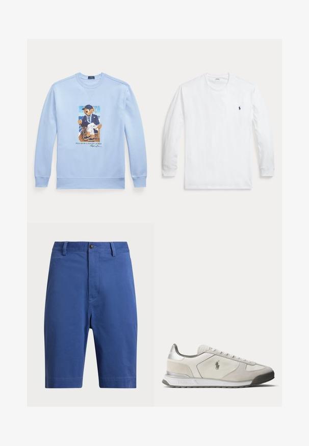 Sudadera de manga larga en azul claro con un gráfico de un oso con ropa náutica sentado en una silla, etiquetado como Polo Bear de Ralph Lauren.; Camiseta blanca de manga larga con cuello redondo y un pequeño logo Polo Ralph Lauren en azul marino en el pecho izquierdo.; Shorts de algodón azul que presentan un frente plano, cierre de un solo botón y trabillas para el cinturón. Piernas de corte recto sin patrones ni acentos visibles.; Zapatilla blanca y gris claro de perfil bajo con logo de Polo en el lateral, cordones en la parte delantera y detalle plateado en el talón.