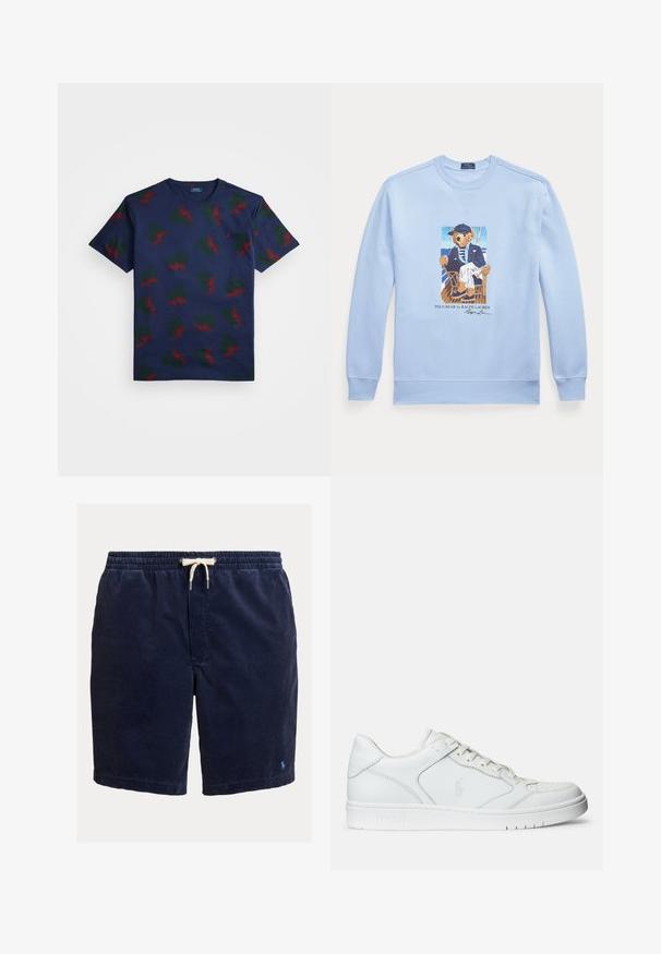 Hele sinine pika varrukaga dressipluus, millel on joonistus merendusteemal riietatud karust toolil, sildiga Polo Bear by Ralph Lauren.; Tumesinine puuvillane t-särk, millel on korduv mustri punaste ja roheliste tiibadega kujundid. Omab ümarat kaela ja lühikesi varrukaid.; Tumesinised kõrgeribaga sametist lühikesed püksid, millel on elastne vöökoht ja valge nöör. Omadused: vertikaalne ribiline tekstuur ja väike logo ääres.; Valged nahast spordijalatsid siledast materjalist, millel on ventilatsiooniga varvas, paelad ja kõrvale brodeeritud logo. Valge kummitald.