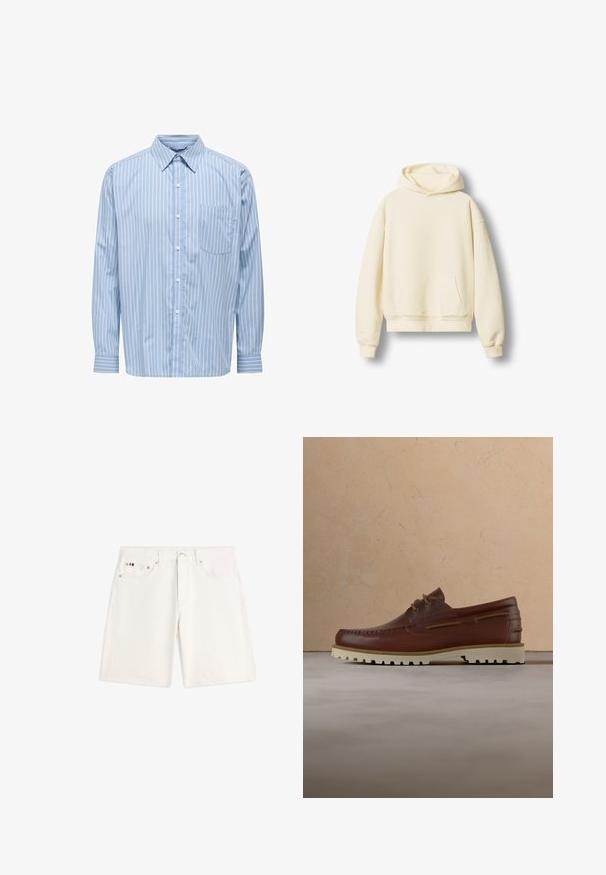 Hoodie de couleur crème, fabriqué en tissu doux, présente une grande poche frontale, des manches longues et une capuche avec cordon de serrage ajustable.; Chemise à manches longues bleu clair avec des rayures verticales blanches, col boutonné, poche poitrine unique et détails aux poignets. Texture de tissu lisse.; Shorts en denim blanc avec bouton frontal, fermeture éclair, passants pour ceinture et design à cinq poches, comprenant un petit logo sur la poche droite.; Chaussure décontractée à lacets en cuir marron avec semelle en caoutchouc crème suspendue au-dessus d'un tapis beige près d'une table basse en bois avec des livres.