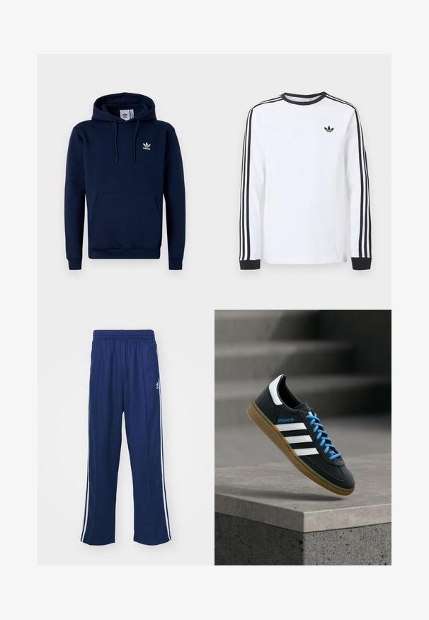 Sudadera azul marino hecha de un tejido suave y texturizado. Cuenta con un bolsillo frontal, capucha con cordón y un logo blanco en el pecho. Diseño sencillo.; Camiseta blanca de manga larga de Adidas con cuello redondo negro, puños negros, tres rayas negras a lo largo de las mangas y logo negro de trébol en el pecho.; Pantalones deportivos en azul marino con un corte relajado, que presentan franjas laterales blancas y una cintura elástica. Tejido suave, sin patrones visibles ni herrajes.; Zapatilla negra Adidas con franjas blancas, cordones azules y suela de goma flotando sobre un escalón de hormigón gris con luz suave.