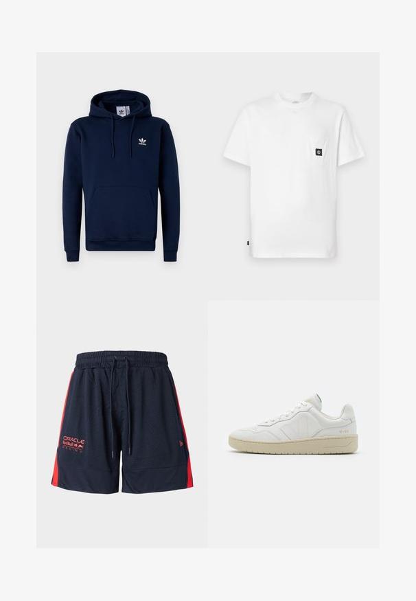 Marineblauwe hoodie van zacht, gestructureerd stof. Voorzien van een buidelzak aan de voorkant, een capuchon met trekkoord en een wit logo op de borst. Eenvoudig ontwerp.; Witte katoenen T-shirt met een ronde hals, korte mouwen en een borstzakje met een zwarte logo-patch. Gladde textuur, losse pasvorm.; Marineblauwe mesh korte broek met rode zijpanelen. Voorzien van een elastische tailleband en een trekkoord. Inclusief geborduurd logo op de linker dij.; Witte leren sneakers met een gestructureerde afwerking en een gevoerde kraag. Voorzien van een beige rubberen zool en subtiele branding op de hiel en zijkant.