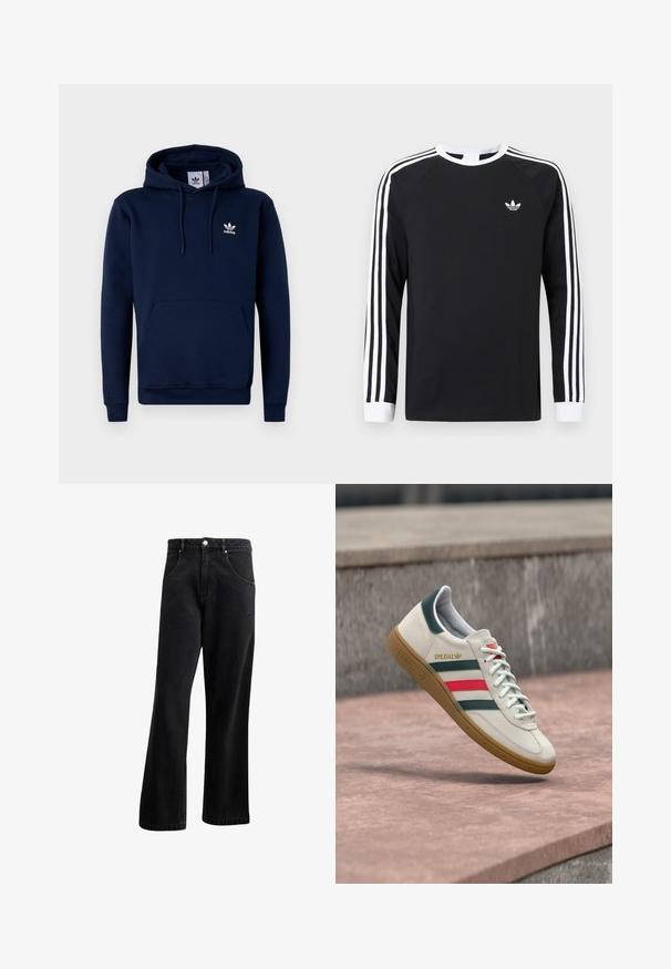 Mørkeblå hættejakke lavet af blødt, struktureret stof. Har en frontlomme, snoretræk i hætten og hvidt logo på brystet. Enkel design.; Sort langærmet T-shirt med hvidt trestribet design på ærmerne. Har rund halsudskæring og et lille hvidt logo på brystet.; Sorte denim jeans med straight-leg design, der har frontlommer, en knaplukning og en let tekstur. Inkluderer en diskret logo detalje.; Hvid Adidas sneaker med grønne og røde striber, gummisål og "SPEZIAL" branding, der svæver over stensat belægning.