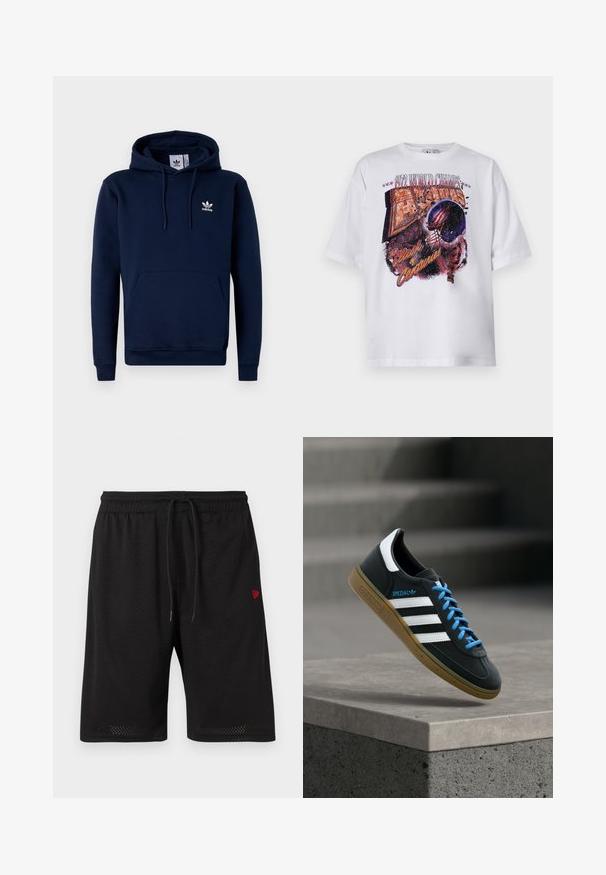 Sudadera azul marino hecha de un tejido suave y texturizado. Cuenta con un bolsillo frontal, capucha con cordón y un logo blanco en el pecho. Diseño sencillo.; Camiseta de algodón blanca con mangas cortas, que presenta una impresión gráfica multicolor de un casco de fútbol americano y el texto "1972 CAMPEONES MUNDIALES".; Pantalones cortos de malla negros con cintura elástica, cordón ajustable y un pequeño logo rojo en el lado izquierdo. Tejido ligero y transpirable.; Zapatilla negra Adidas con franjas blancas, cordones azules y suela de goma flotando sobre un escalón de hormigón gris con luz suave.