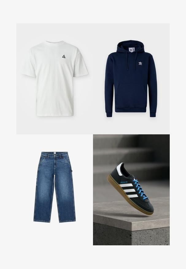 Námornícky modrá mikina s kapucňou vyrobená z jemnej, štruktúrovanej látky. Obsahuje predné vrecko, kapucňu so šnúrkou a biele logo na hrudi. Jednoduchý dizajn.; Biele tričko s krátkym rukávom a malým čiernym trojuholníkovým logom s nápisom "acg" na ľavej hrudi, na jednoduchom pozadí.; Modré široké rifle s prednými vreckami, opaskovými očkami, zapínaním na gombíky a značkovou nášivkou Lee na páse.; Čierna teniska Adidas s bielymi pruhmi, modrými šnúrkami a gumovou podrážkou, ktorá sa vznáša nad sivým betónovým schodom v mäkkom svetle.