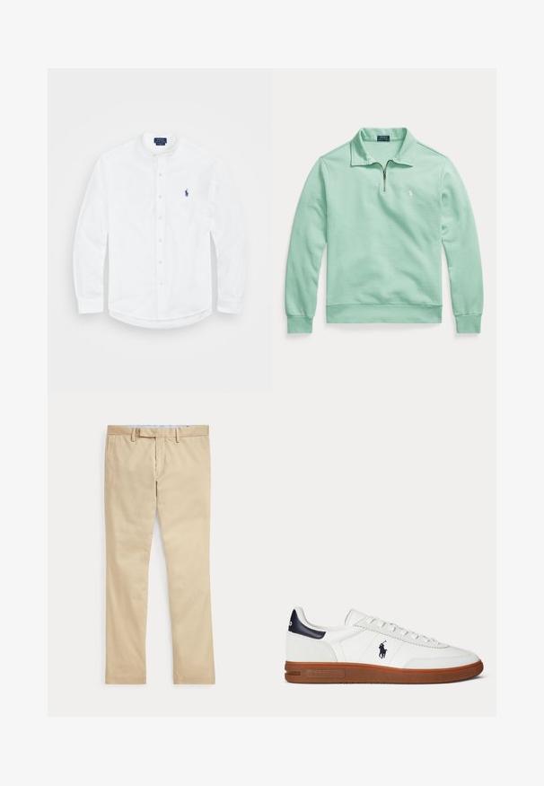 Pika varrukaga mündiroheline pullover kraega, esiküljel pool lukku, soonikkoes mansetid ja alläär, ning väike valge tikandiga logo rinnal.; Valge pikaaelne särk bändi kaelusega, nuppe ees ja sinise logoga vasakul küljel. Valmistatud siledast puuvillakangast.; Beeži sirgete säärega püksid vööaasade ja ees oleva tõmblukuga, laotatud tasaselt valgele taustale.; Valge madala säärega toss pruuni tallaga, musta kandutükiga, polo mängija tikandiga logoga ja valgete nööridega.