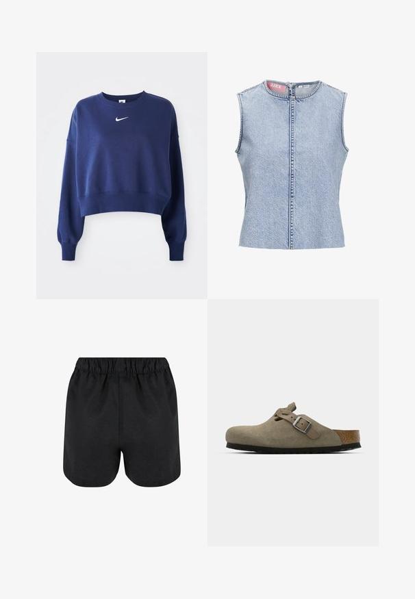 Sweatshirt légèrement court bleu marine en tissu doux, avec un col rond, des manches longues et un logo Nike blanc sur la poitrine.; Top sans manches en denim bleu clair, avec un col rond, une fermeture à glissière sur le devant et des détails à ourlet brut. Le matériau a une apparence texturée.; Shorts noirs avec une taille élastique. Tissu doux, design simple et ourlet légèrement arrondi en bas. Pas de motifs ou de logos visibles.; Sabots en velours côtelé vert olive clair avec une semelle en liège et en caoutchouc moulée. Dispose d'une sangle latérale avec une boucle en métal et d'un bout arrondi.
