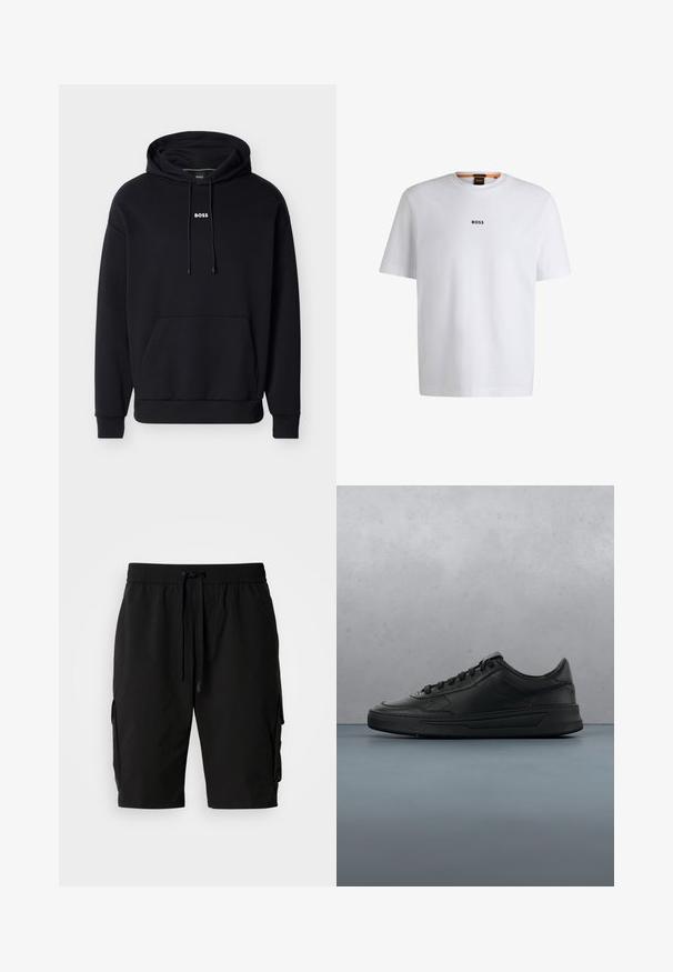 Zwarte katoenen hoodie met verstelbare trekkoorden, voorzak en klein wit "BOSS"-logo op de borst. Soepele textuur, relaxte pasvorm.; Witte katoenen T-shirt met korte mouwen, voorzien van een zwart "BOSS"-logo in het midden van de borst en een ronde halsontwerp.; Zwarte cargoshorts gemaakt van lichtgewicht stof, met een elastische tailleband, een trekkoord en zijvakken voor extra opbergruimte.; Zwarte sneaker met een glad leren bovenwerk, ronde neus, platte veters, gewatteerde kraag en minimalistisch design. Rubberen zool met een subtiel profiel.
